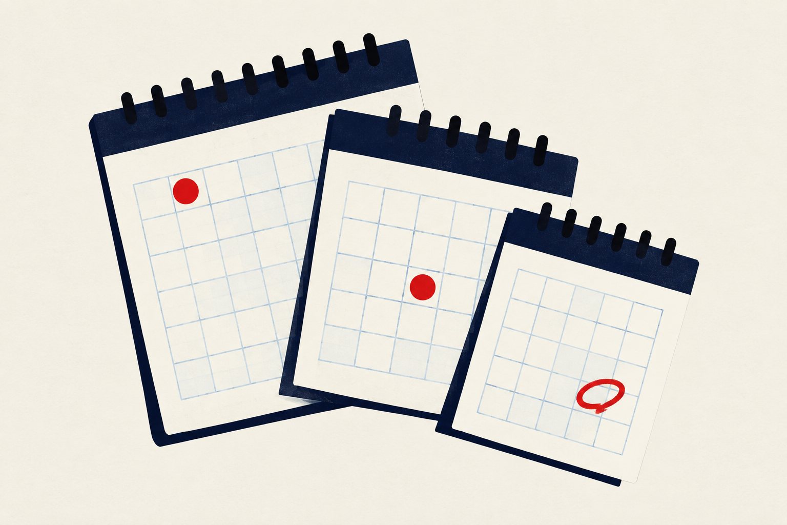 Three overlapping calendar pages